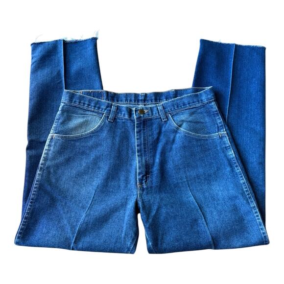 Vintage Wrangler Pressed Front Seam Bootcut Blue Denim Jeans frayed size 34x29 - Picture 1 of 12